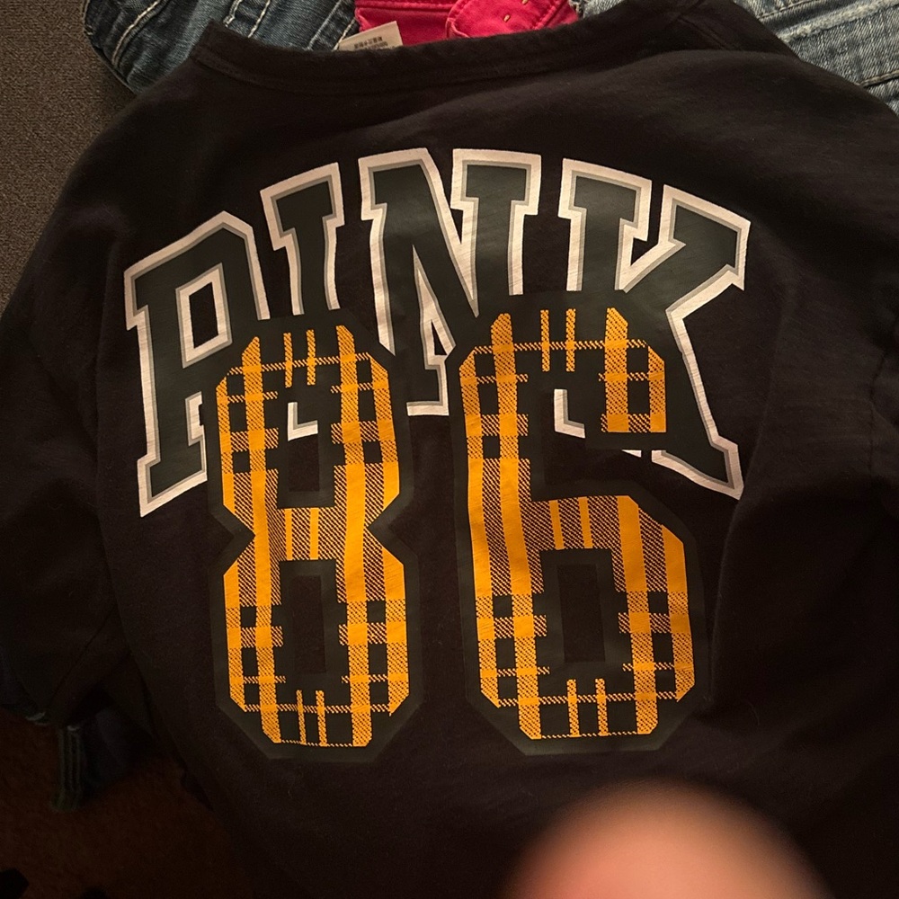 PINK Victoria's Secret Black and Yellow Collegiate Short Sleeve Tee